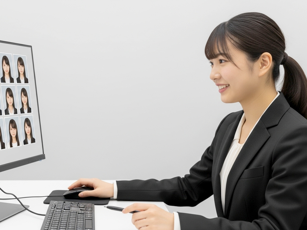 リクルートスーツの女子大生がPCモニターで自分の証明写真を選んでいる画像
